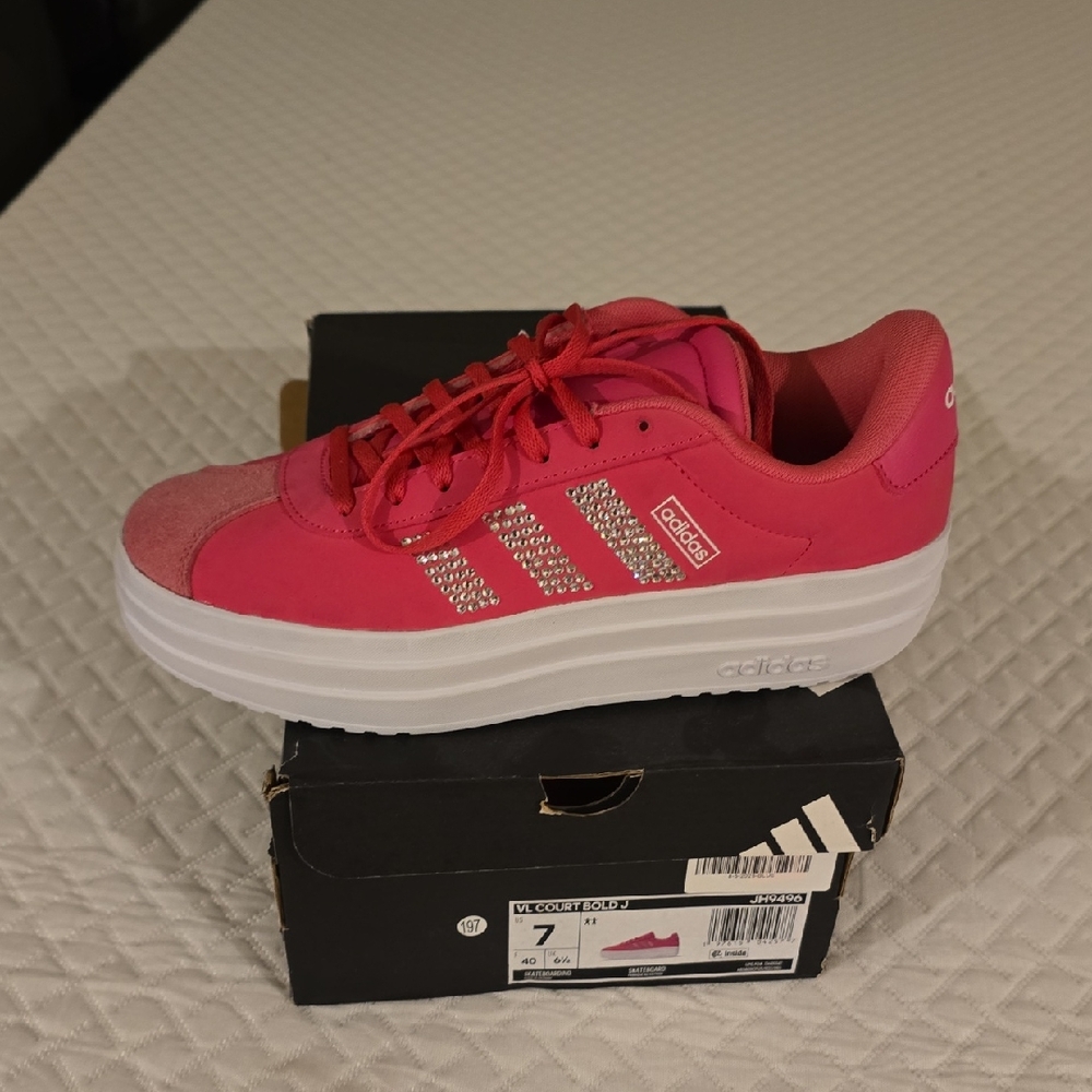 adidas Women's Pink Platform Sneakers with Crystal Three Stripes